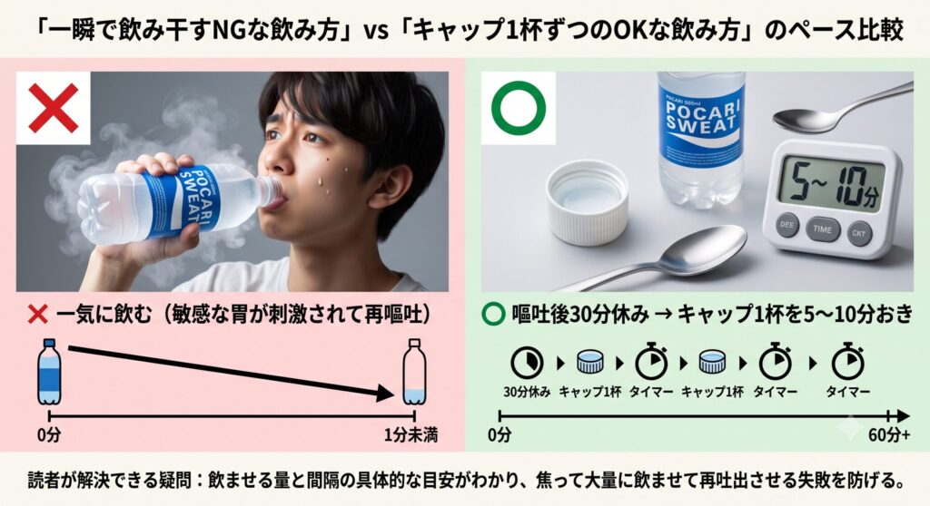 嘔吐直後は、まず30分〜1時間ほど胃を休ませます。その後、スプーン1杯〜ペットボトルのキャップ1杯程度を、5〜10分おきに少しずつ飲みます。