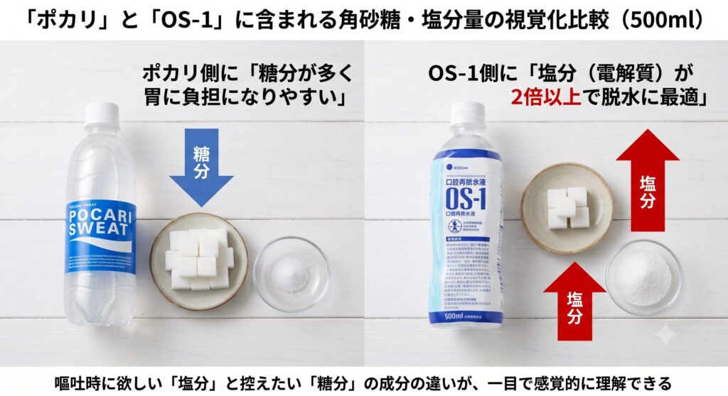 ポカリスエットは運動時の発汗を想定して作られた飲料のため、塩分（ナトリウム）は100mlあたり約49mgと控えめです。一方、脱水状態の治療を目的とした経口補水液OS-1は約115mgと、2倍以上の塩分を含んでいます。